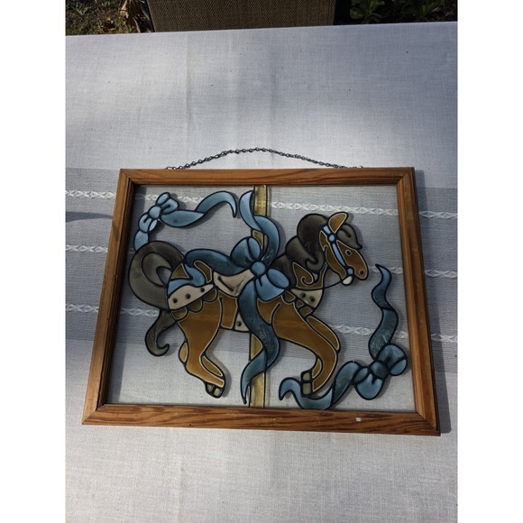 VTG Painted Glass Carousel Horses Window Panel Wood Frame‎ 22"x18" Hanging Art - Picture 7 of 11